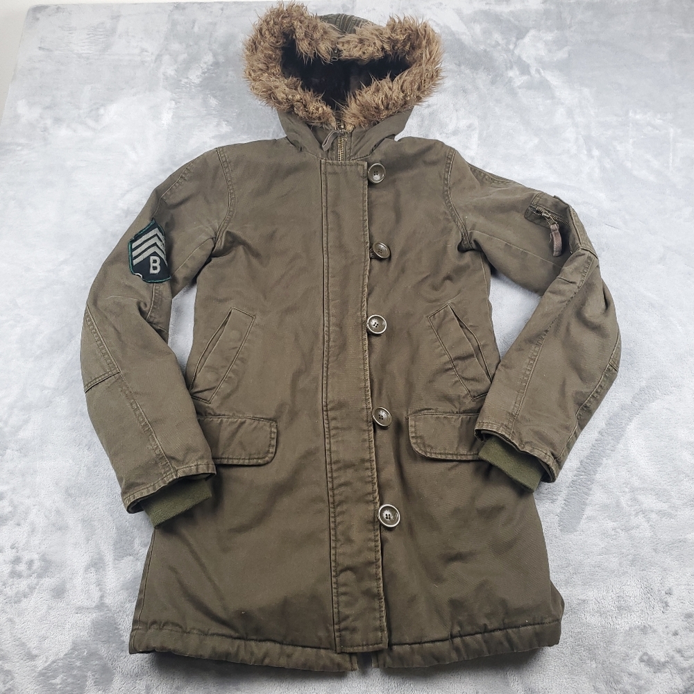 BB Dakota Jacket Coat Womens Size S Army Military Green Faux Fur Trim Long Y2K